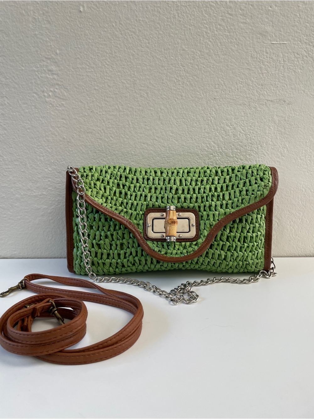 Straw Studios Green Woven Straw Shoulder Bag with Brown Trim